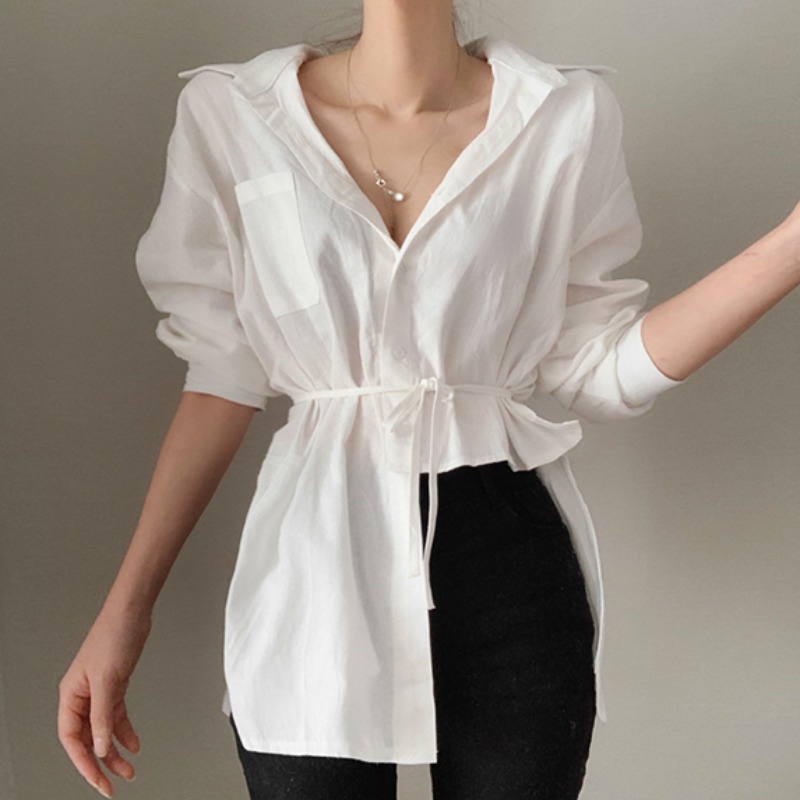 Áo Sơ Mi Trắng Nữ Form Rộng Kiểu Khoét Eo Dây Buộc Eo Tôn Dáng