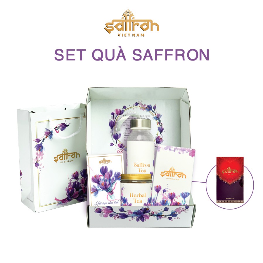 Quà tặng Nhụy Hoa Nghệ Tây Saffron Salam 1Gram/hộp tặng trà nụ hồng Shiraz 25gr và Bình nước 300ml