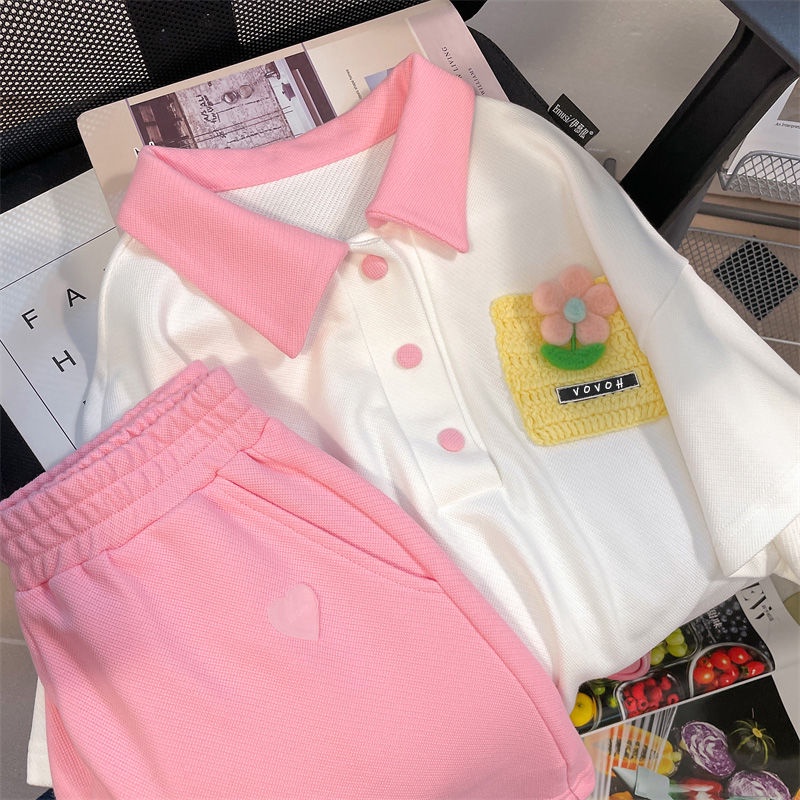 Set Áo Thun polo In Hình Hoa Phối Quần Short Dáng Rộng Thời Trang Trẻ Trung Cho Nữ