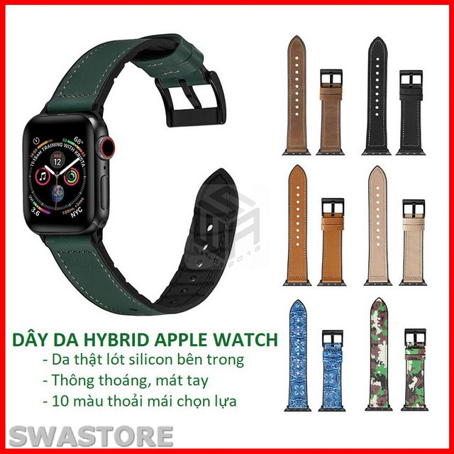 [Da thật] Dây da Apple Watch series 1/2/3/4/5 kiểu hybrid da lót silicon mát da tay, SWASTORE