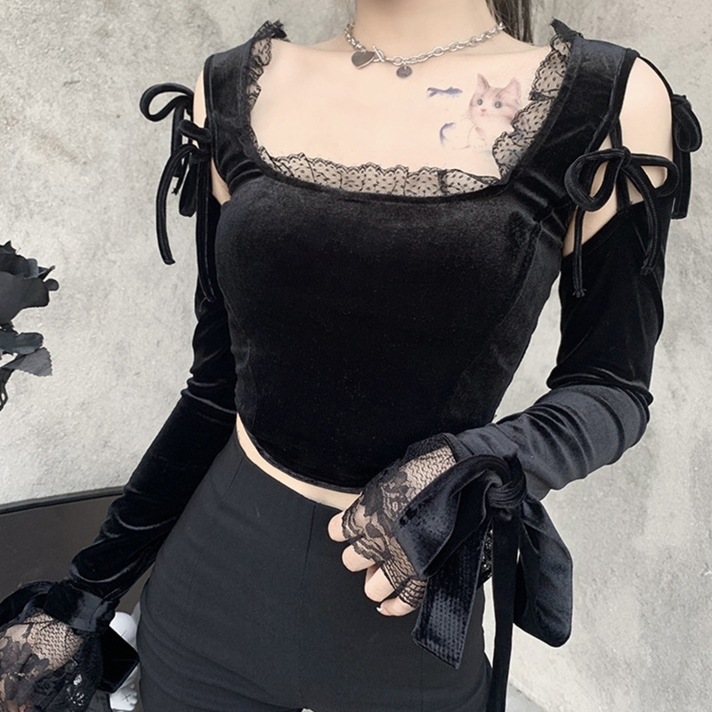 Áo croptop tay loe dài cổ vuông phối ren và nơ phong cách gothic quyến rũ cho nữ