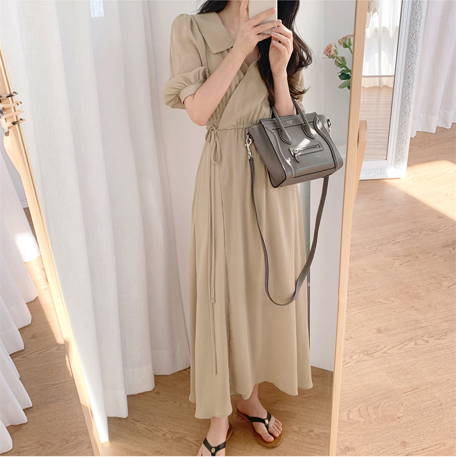 Đầm maxi tay phồng cổ chữ V trơn màu xinh xắn dành cho nữ 35177