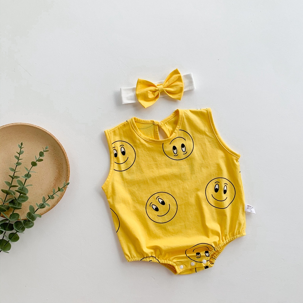 Bộ Áo Liền Quần Không Tay In Hình Mặt Cười Dễ Thương + Băng Đô Cài Tóc Cho Bé Sơ Sinh