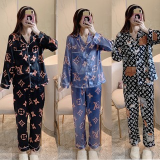 Bộ Đồ Ngủ Dài Tay Bằng Lụa Satin In Họa Tiết Xinh Xắn Dành Cho Nữ