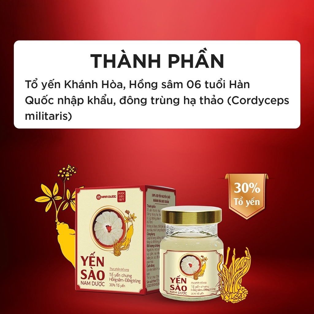 [COMBO 20 hộp] Yến sào Nam Dược lọ 70ml tổ yến chưng hồng sâm đông trùng hạ thảo bồi bổ, tăng sức đề kháng