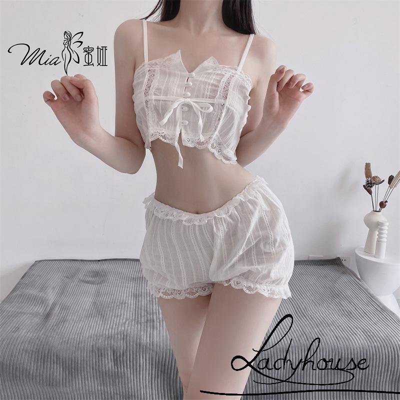 Bộ Đồ Lót 2 Mảnh Gồm Áo Hai Dây Cài Nút + Quần Sooc Lưng Thun Thời Trang Cho Nữ