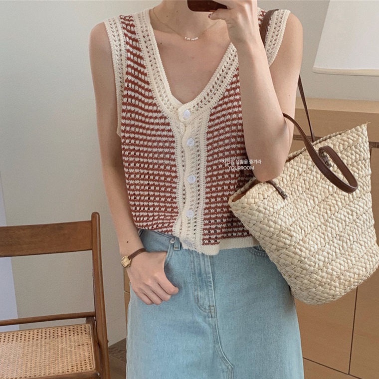 Áo Cardigan Không Tay Cổ Chữ V Màu Sắc Tương Phản Thời Trang Mùa Hè Cho Nữ