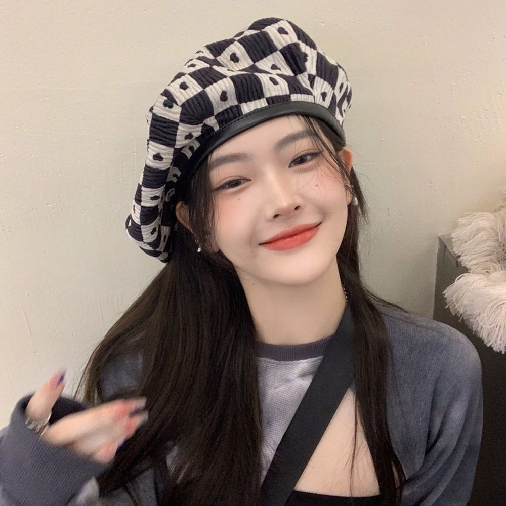 Mũ beret bằng da họa tiết kẻ sọc caro phong cách Hàn Quốc thời trang thu đông cho nữ