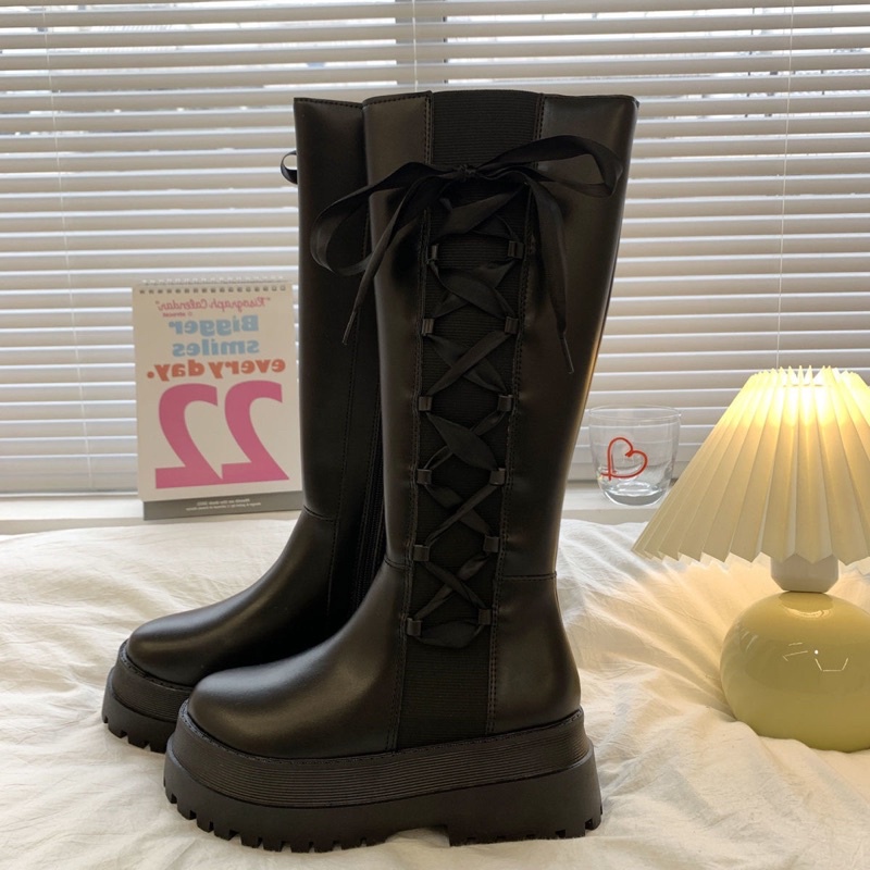 Boot đùi nữ đế bánh mì phối viền chun kết hợp dây nơ xinh xắn