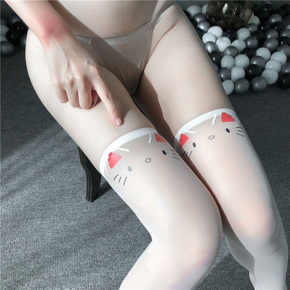 Vớ Dài Qua Gối Vải Lụa Màu Đen In Hình Mèo Kitty Phong Cách Lolita Hàn Quốc Dùng Biểu Diễn Nhảy Múa