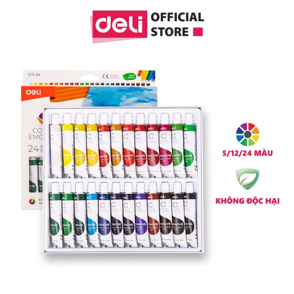 Màu nước Gouache dạng tuýp 12ml Deli - 5/12/24 màu - 1 hộp - Màu dạng bột pha keo có thể vẽ khô/ướt và sửa lỗi dễ dàng