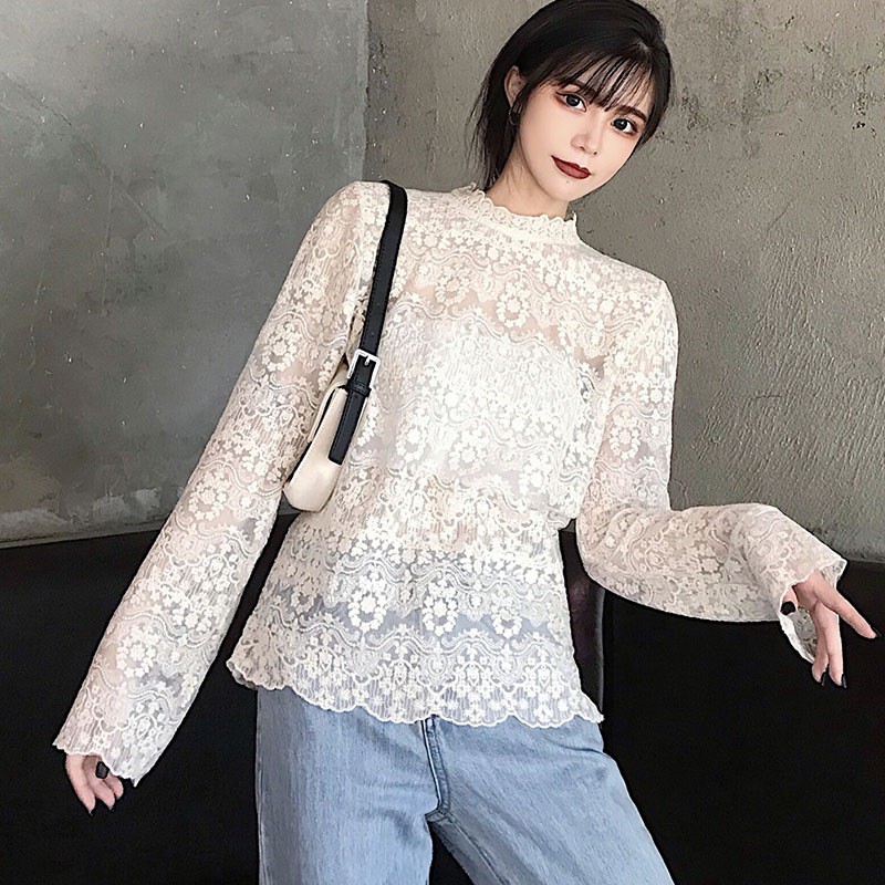 Áo Kiểu Cổ Cao Thêu Hoa Phối Ren Xinh Xắn Cho Nữ Giới | BigBuy360 - bigbuy360.vn