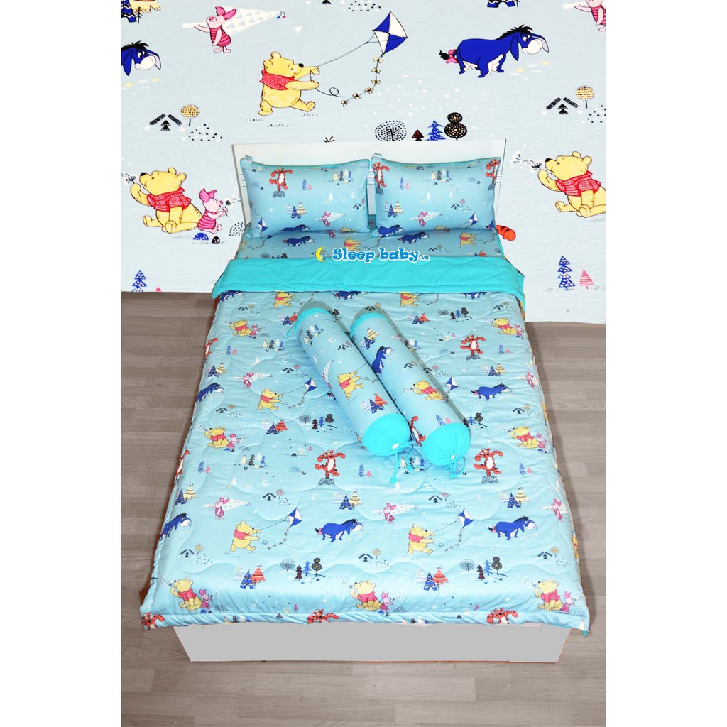 Bộ Chăn Ga Gối Đệm Cho Bé Sleepbaby Hình Gấu Pooh - 100% Lụa Satin Hàn Quốc Thoáng Mát