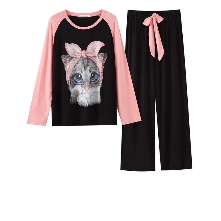 Bộ đồ ngủ thu đông pijama dài tay họa tiết hoạt hình, bộ đồ ngủ nữ hình mèo dễ thương style Hàn Quốc
