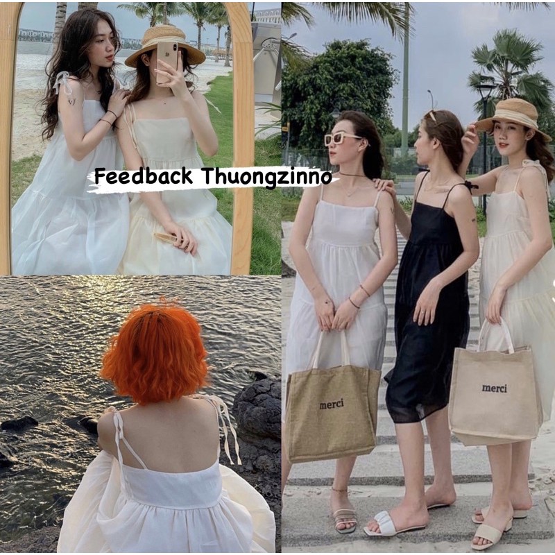 [Ảnh thật/Video]Váy hai dây Lucy buộc nơ vai Hàn Quốc dáng dài Váy hai dây ulzzang