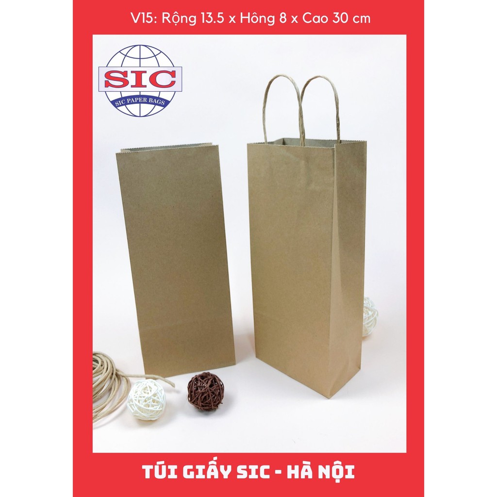 [SET 100 CHIẾC] TÚI GIẤY KRAFT V15: 13.5x8x33 MÀU NÂU CÓ QUAI ( ẢNH THẬT)