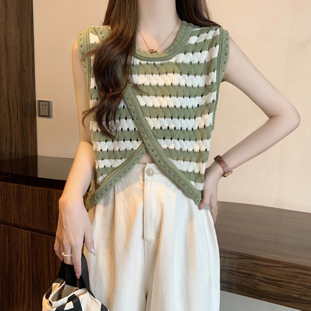 Jiashucheng Áo Sweater Sát Nách Vải Lụa Lạnh Mỏng Phối Dây Đan Chéo Thời Trang Mùa Hè Cho Nữ