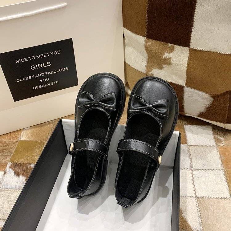 Giày Lười Mũi Tròn Đính Nơ Màu Đen Dễ Thương Cho Nữ