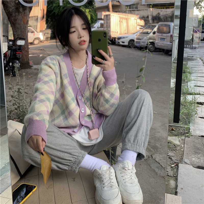 Hàng Sẵn_ Áo len dệt kim ngắn họa tiết cầu vồng kim cương áo khoác cardigan dáng ngắn