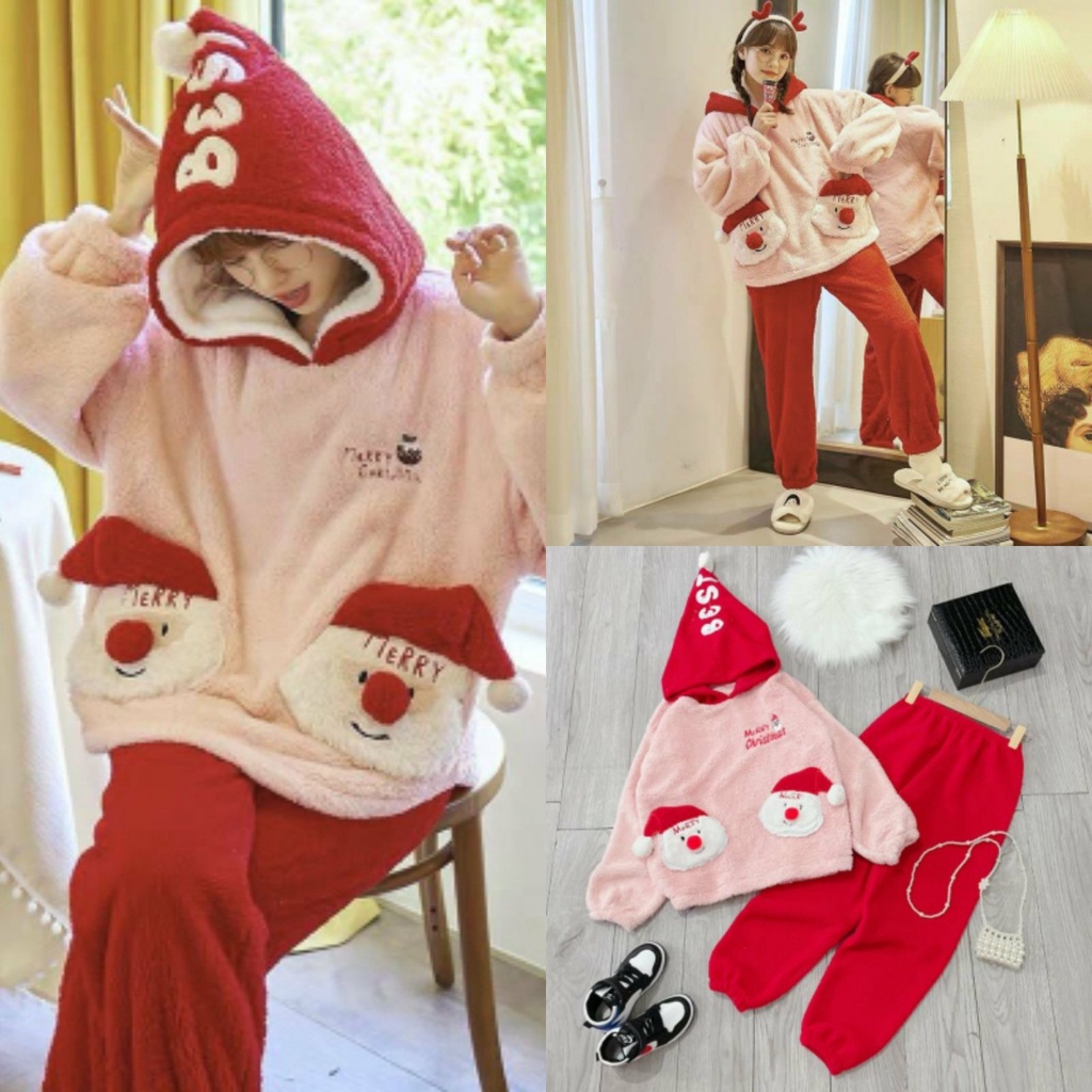 Bộ Ngủ Lông Nữ Có Túi Hình Ông Già Tuyết Noel Mũ Cây Thông Đỏ Dài Tay