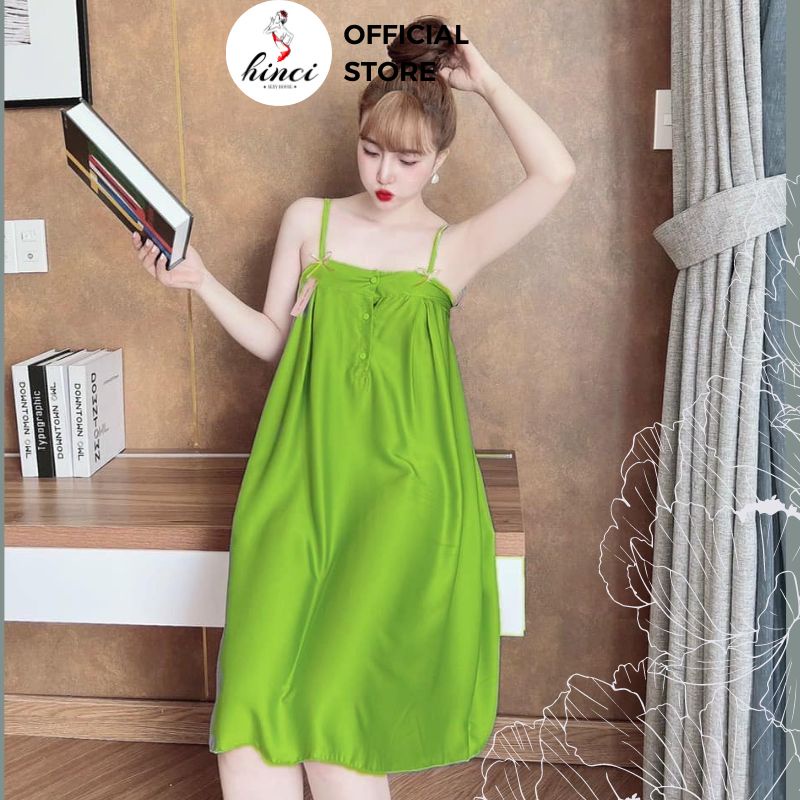Đầm ngủ 2 dây chất xướt nhũ cực mát, mịn có nút gài kèm nơ mặc nhà thoải mái [DN71]