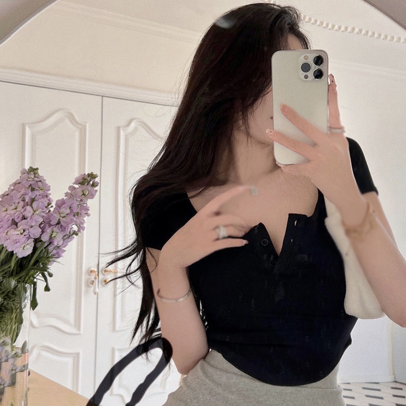 Áo Thun Tay Ngắn Cổ Chữ U Thiết Kế Độc Đáo Thời Trang Mùa Hè Quyến Rũ Cho Nữ