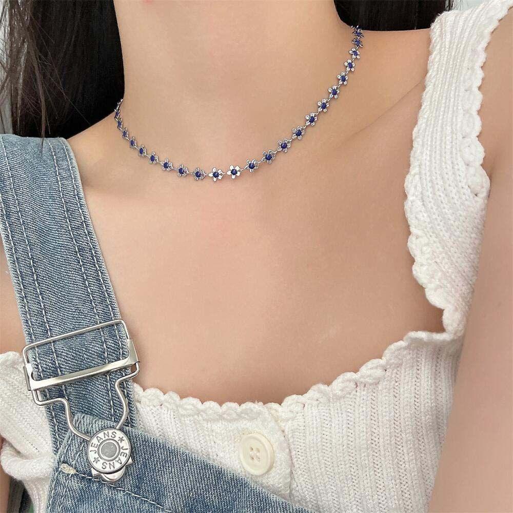 Vòng cổ Kim Loại Mặt Hình Hoa Nhỏ Màu Xanh Dương Phong Cách Hàn Quốc
