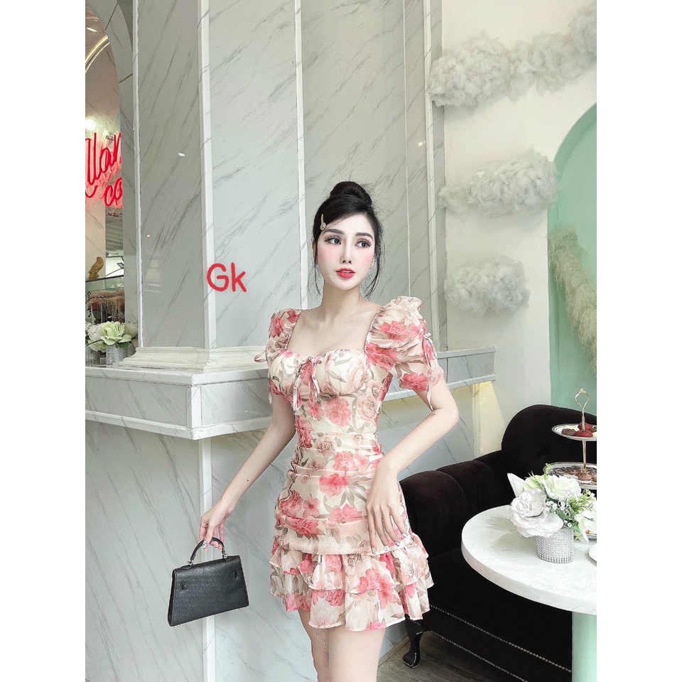 Váy Hoa Đuôi cá 💖 cổ vuông hoa nâu và hồng,rất sexy quyến rũ,mặc đi tiệc đi party đều đẹp
