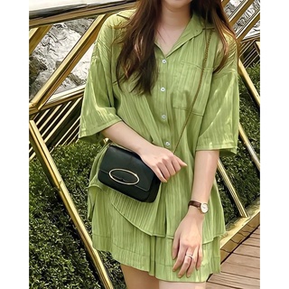 Set áo sơ mi xanh cốm nơ lưng + short lưng thun |be118|