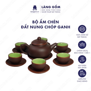 Bộ ấm chén uống trà tử sa đất nung dáng chóp bẹt họa tiết ganh kèm đĩa lót gốm sứ Bát Tràng cao cấp - LÀNG GỐM
