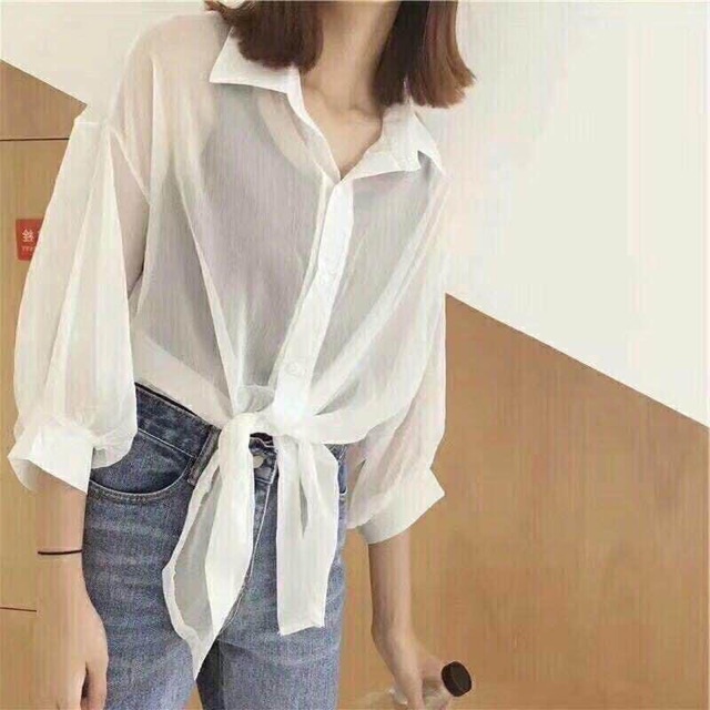 Sét áo sơ mi voan croptop buộc nơ kèm áo 2s
