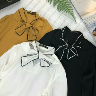 Sơ mi lụa cổ nơ viền