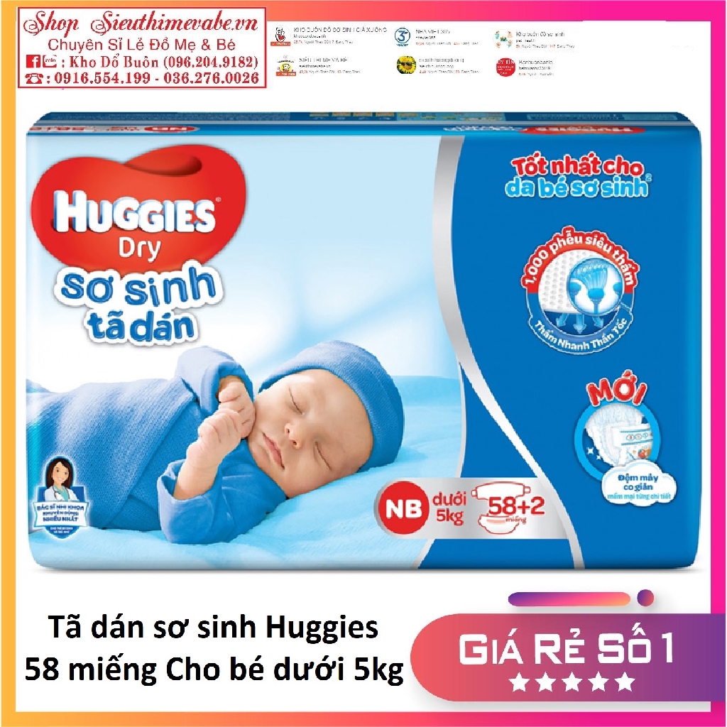 Tã dán sơ sinh Huggies mới 58-74 miếng NB58/NB74 (Cho bé dưới 5kg)