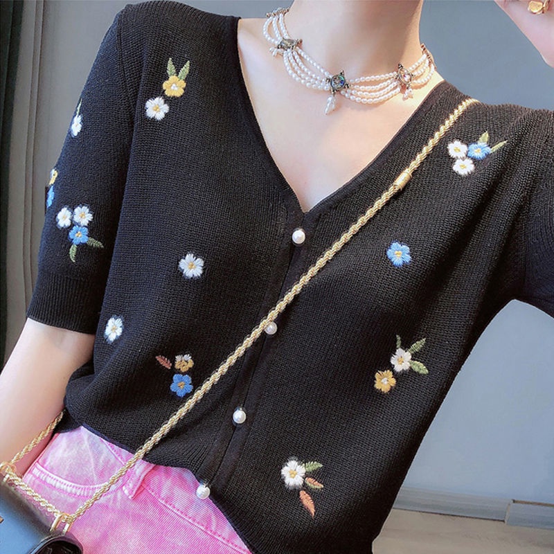Mới Áo cardigan dệt kim cổ chữ V tay ngắn dáng rộng in hoa một hàng nút thời trang Hàn Quốc cho nữ