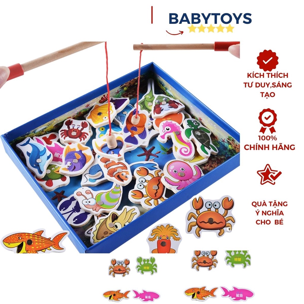 Đồ Chơi Trẻ Em, Đồ Chơi Gỗ Thông Minh Bộ Câu Cá 32 Chi Tiết Bằng Nam Châm, 2 Cần Câu, Rèn Luyện Tính Kiên Trì, Khéo Léo