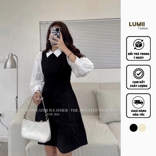  Đầm váy thô cổ sơ mi phối tay phồng trắng - Lumii