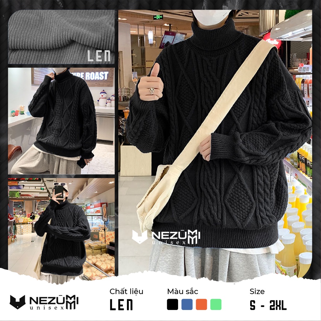 Áo len cổ lọ dài tay vặn thừng unisex nam nữ hip hop đường phố (đen, cam, rêu, xanh dương)