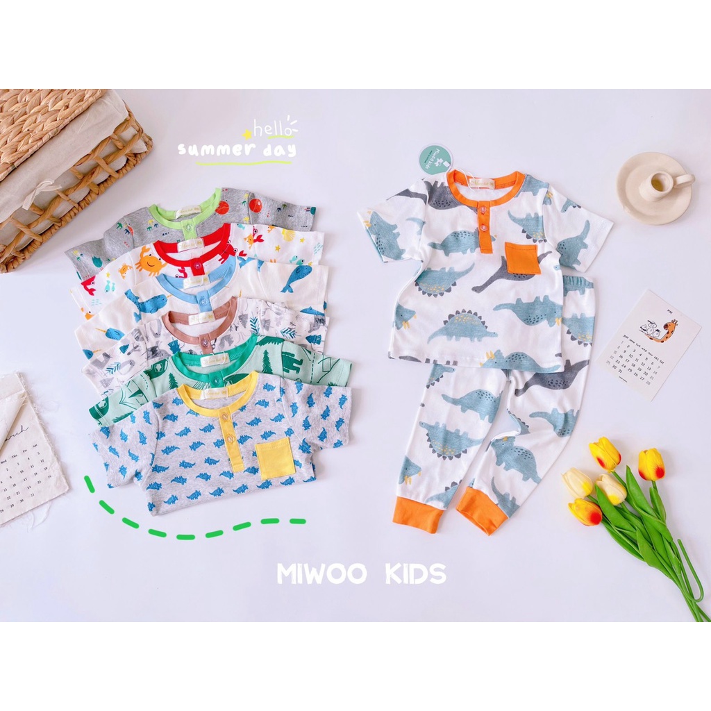 Đồ bộ bé trai tay ngắn quần dài thun cotton miwoo kid hoạ tiết động vật con thú cổ trụ phối túi áo - STMA