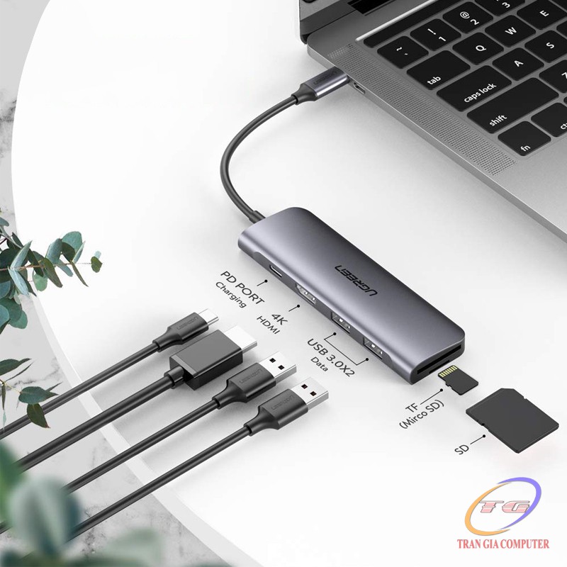 Cáp USB Type C to HDMI, USB 3.0, đọc thẻ SD/TF, hỗ trợ sạc USB C Ugreen 70411