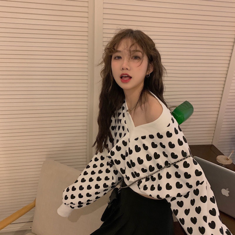 Áo Sweater Tay Dài Cổ Chữ V In Họa Tiết Trái Tim Thời Trang Hàn Quốc 2022 Cho Nữ