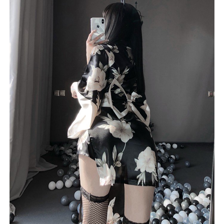 Đồ ngủ sexy nữ bộ áo choàng kimono đen họa tiết kèm quần chip gợi cảm 1570 | BigBuy360 - bigbuy360.vn