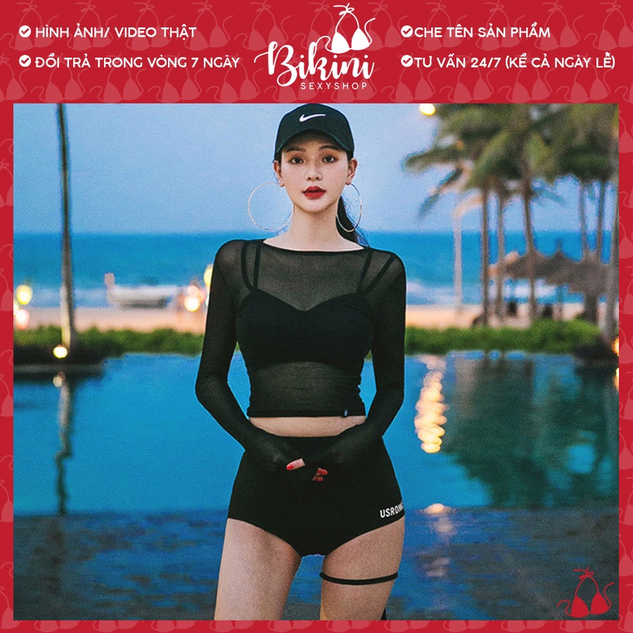👙❣️ Áo lưới đi biển dài tay mặc ngoài bikini kiểu dáng croptop freesize màu đen/ trắng AL