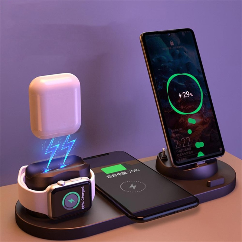 Đế Sạc Nhanh Không Dây 6 Trong 1 Cho IPhone / Android / Type-C Phones 10W Qi Cho Apple IWatch AirPods Pro