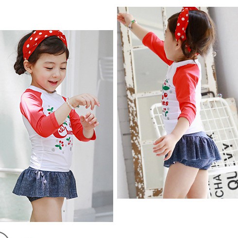Bộ bơi dài tay bé gái họa tiết cherry đỏ siêu yêu DB04