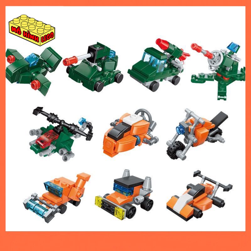 Đồ chơi lắp ráp lego giá rẻ 3 trong 1 Qman 2106 mô hình 10 loại xe quân sự, xe đua, máy bay chiến đấu sáng tạo cho bé