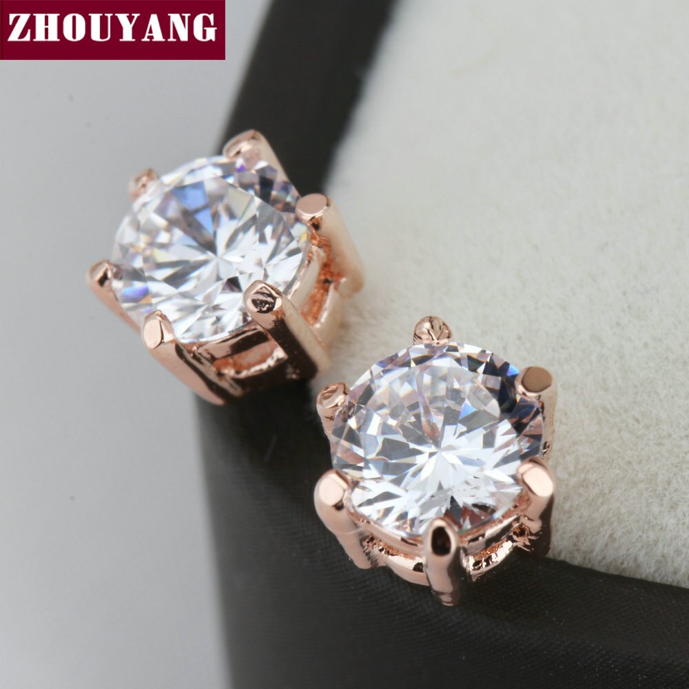ZHOUYANG Bộ trang sức cưới cho phụ nữ CZ Bông tai đính hôn Nhẫn vàng hồng màu bạc Màu trang sức thời trang S432 S433
