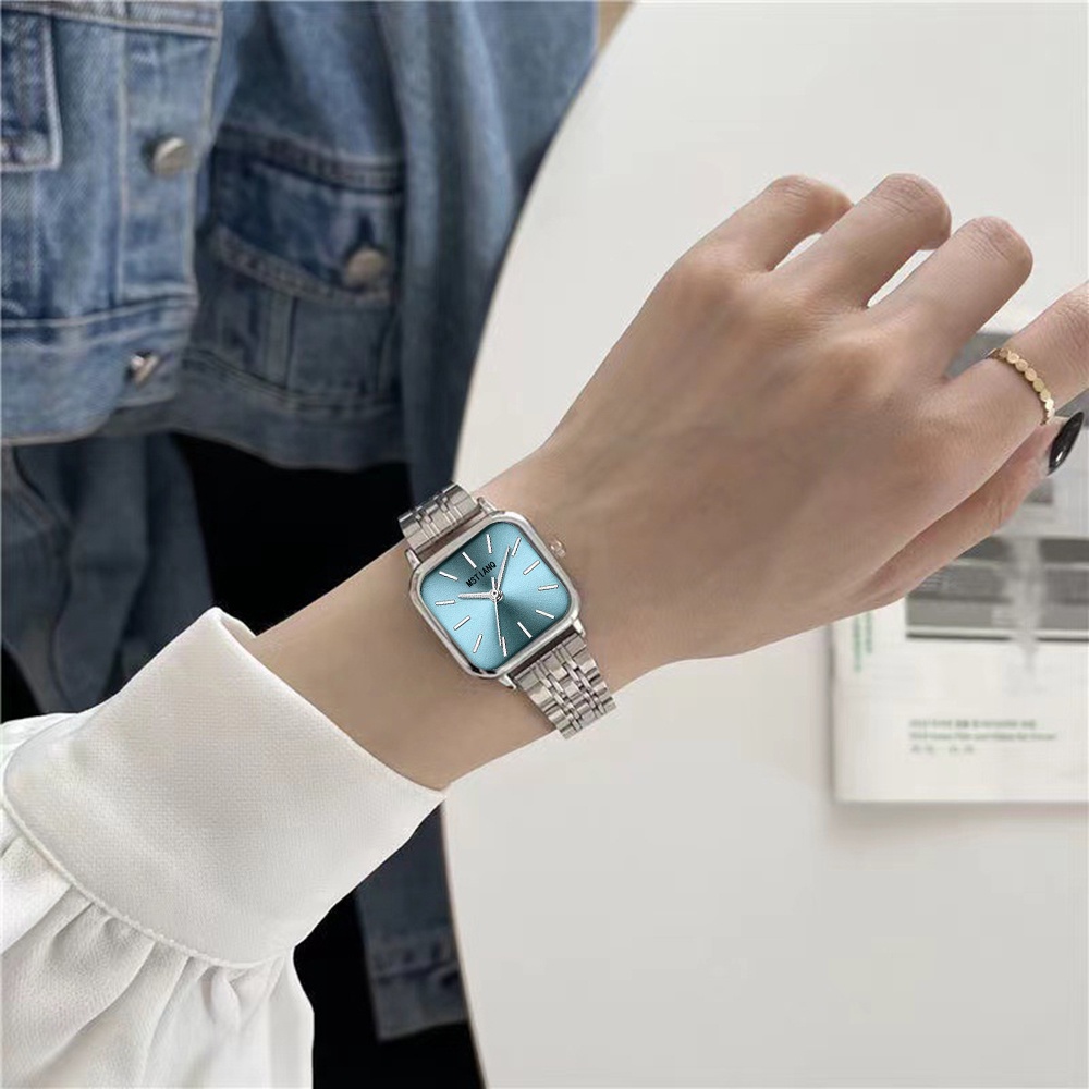 Đồng Hồ Nữ Dây Thép Lưới Mặt Vuông Đơn Giản Phong Cách Hàn Quốc