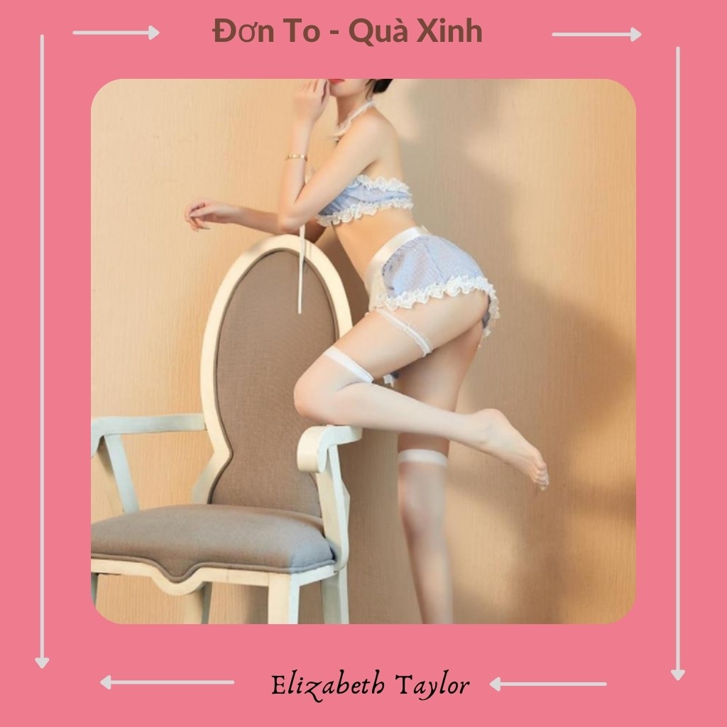Cosplay sexy hầu gái - Bộ đồ lót nữ sexy gợi cảm - Set đồ cô hầu gái kẻ caro xanh kèm theo Tất ren
