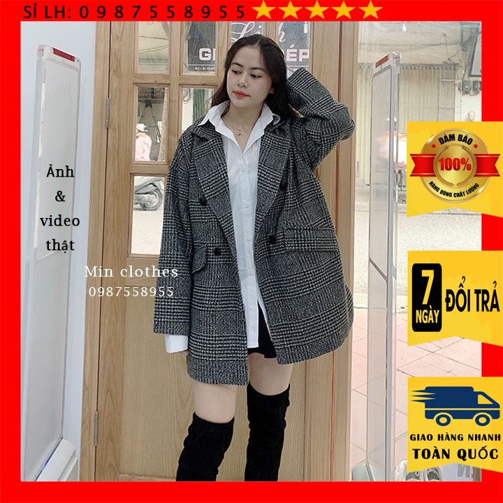 Áo blazer nữ 2 lớp, Hàn Quốc bigsize form rộng kiểu kẻ sọc caro dáng dài công sở có túi cao cấp màu đen nâu thời trang