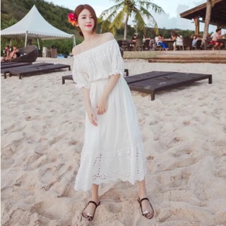 Váy maxi trắng trễ vai hình thật cuối